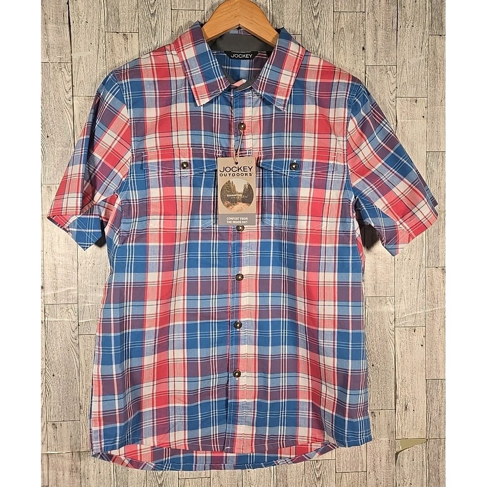Jockey Plaid Shirt Mens SMALL Pockets Short Sleeve Blue Red by Luke Bryan NEW